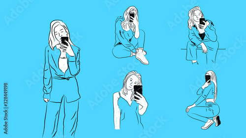 various girls taking mirror selfie for social media in different poses and positions simple hand drawn design style minimal vector illustration