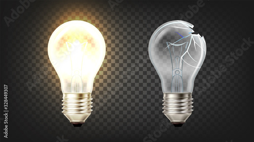 Glowing And Broken Incandescent Light Bulb Vector. Electrical Lightbulb With Wire Filament Heated And With Crashed Glass. Lighting Illuminate Equipment Template Realistic 3d Illustration