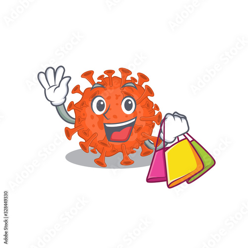 Happy rich electron microscope coronavirus mascot design waving and holding Shopping bag