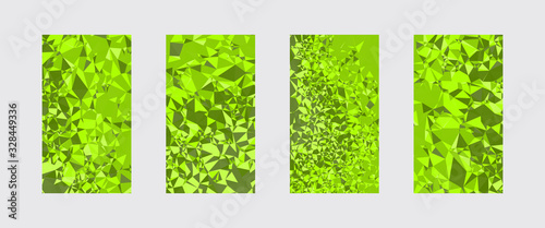 Facet low poly vivid green colors cover page layouts graphic design set. Crystal texture patterns