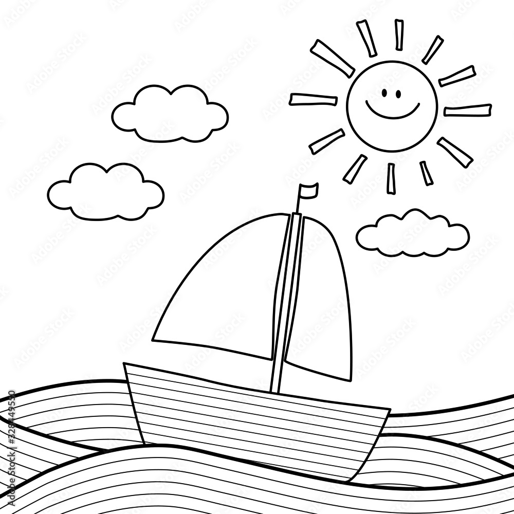 coloring page for kid,boat in open sea with cloud and sun vector Stock Vector | Adobe Stock