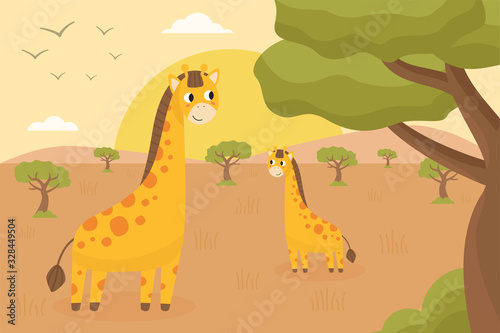 African and safari landscape with cute happy giraffes.