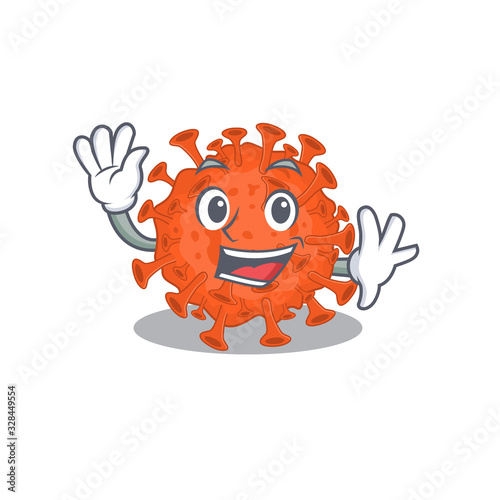 Smiley electron microscope coronavirus cartoon mascot design with waving hand
