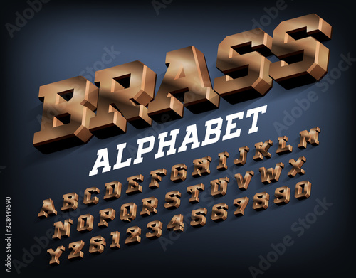 Brass alphabet font. 3D metallic letters and numbers with shadow. Stock vector typeset for your typography design.