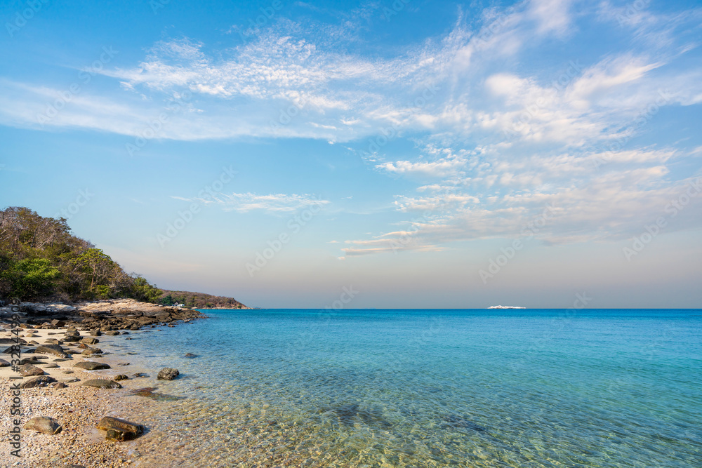 Fototapeta premium beautiful soft wave clear blue transparency sea ocean water and rocks at the bottom of the tropical paradise beach coast summer sea view at PP Island, Krabi, Phuket, Thailand.