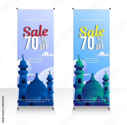 Modern banner sale 50% off with mosque illustrations for the month of Ramadan, Eid Al-Fitr and Eid al-Adha photo