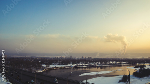 polluted air in Krasnoyarsk. smoke and smog over the city. © Андрей К