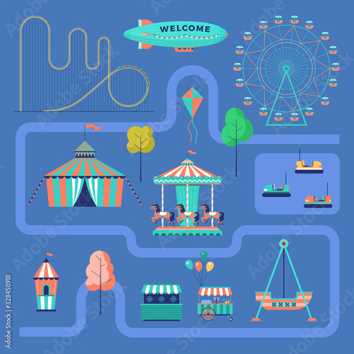 Amusement park with various attractions. Vector flat illustration.