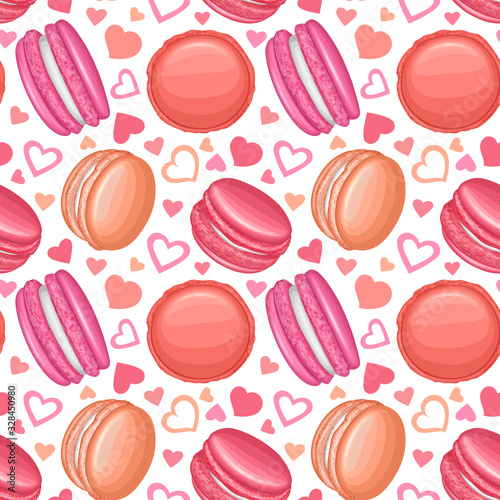 Seamless, endless pattern with macaroons and hearts on white background. French sweets. Colorful macaroon. Cute, Vector texture