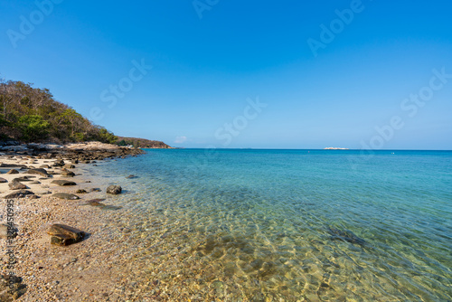 beautiful soft wave clear blue transparency sea ocean water and rocks at the bottom of the tropical paradise beach coast summer sea view at PP Island, Krabi, Phuket, Thailand.