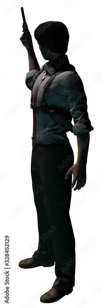 Standing Detective with Raised Weapon 3-D-Illustration (White Background) Standing Detective with Raised Weapon 3-D-Illustration (White Background)