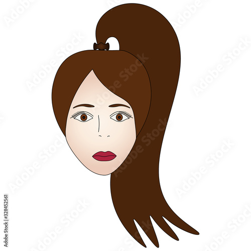 Color vector illustration of the face of a brunette girl. Full face. Long hair gathered in a ponytail. Brown eyes. A piercing look. Puffy lips. Face on an isolated background. Idea for book, magazine. photo