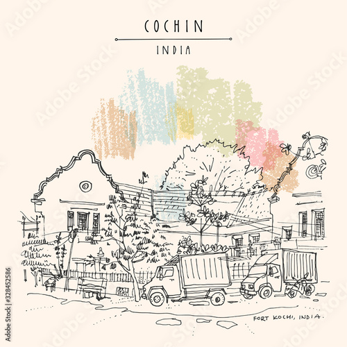 Cochin (Kochi), Kerala, India. Heritage colonial building and a tropical garden