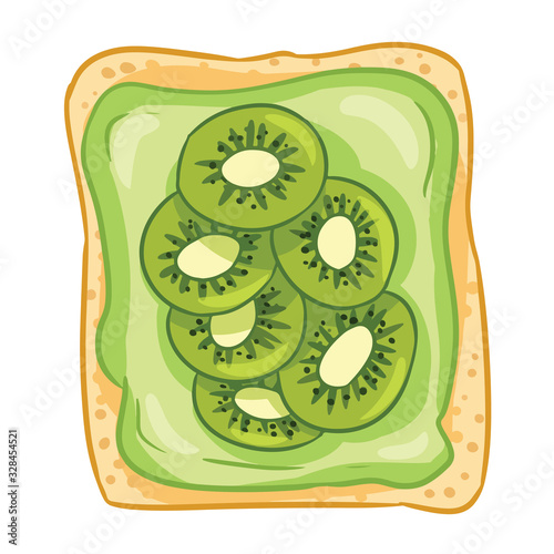 Toast bread isolated icon on white background. Sandwich with green icing spread butter and kiwi slices doodle. Breakfast food. Flat style vector illustration. Media highlights glyph symbol