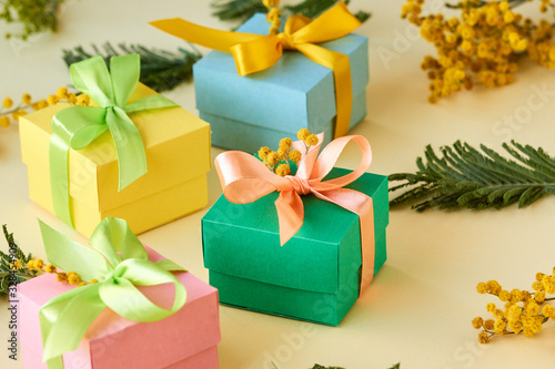 Colored gift boxes with mimosa branches on light background