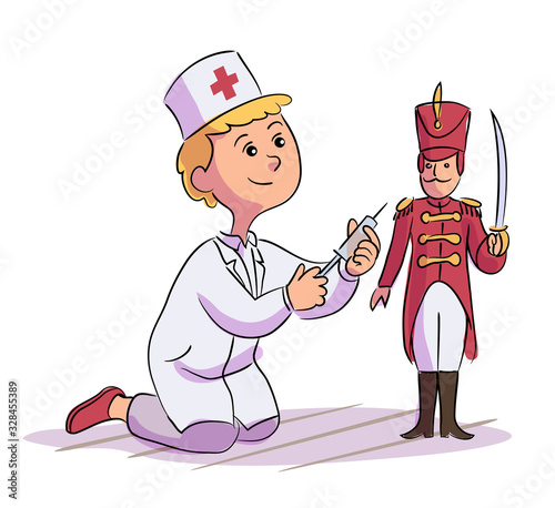 Little boy doctor doing injection to toy soldier