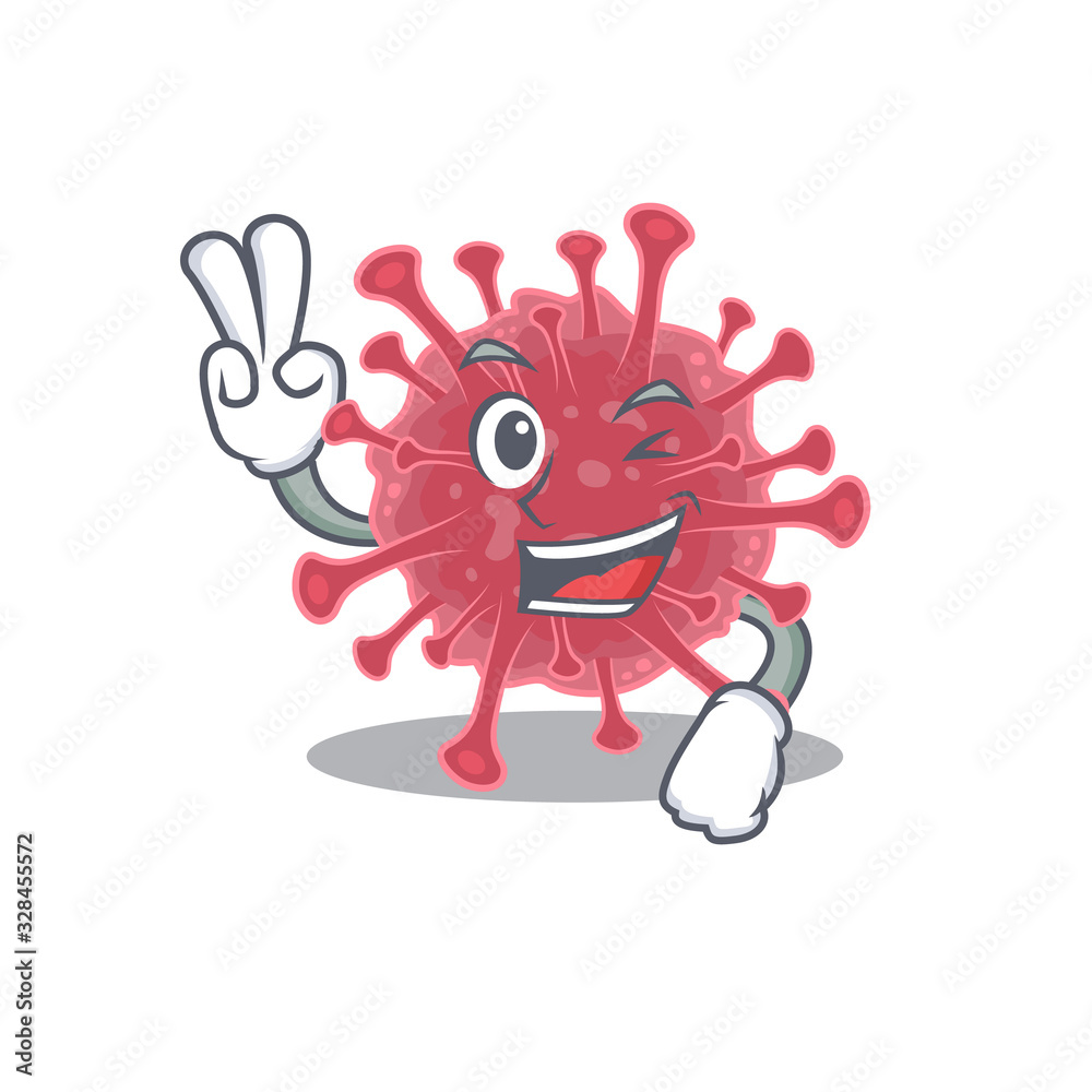 Cheerful coronavirus disease mascot design with two fingers