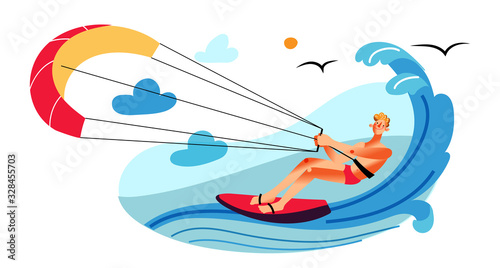 Man parasailing on surfboard behind motor boat photo