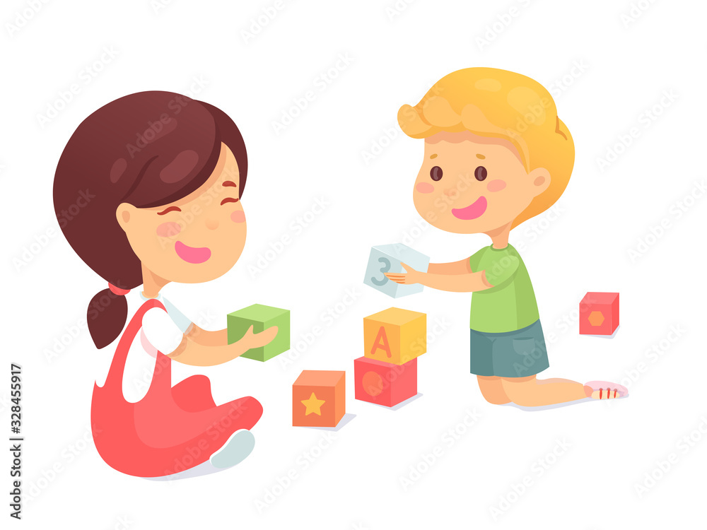 Smiling children play with block isolated on white Smiling children play with block isolated on white