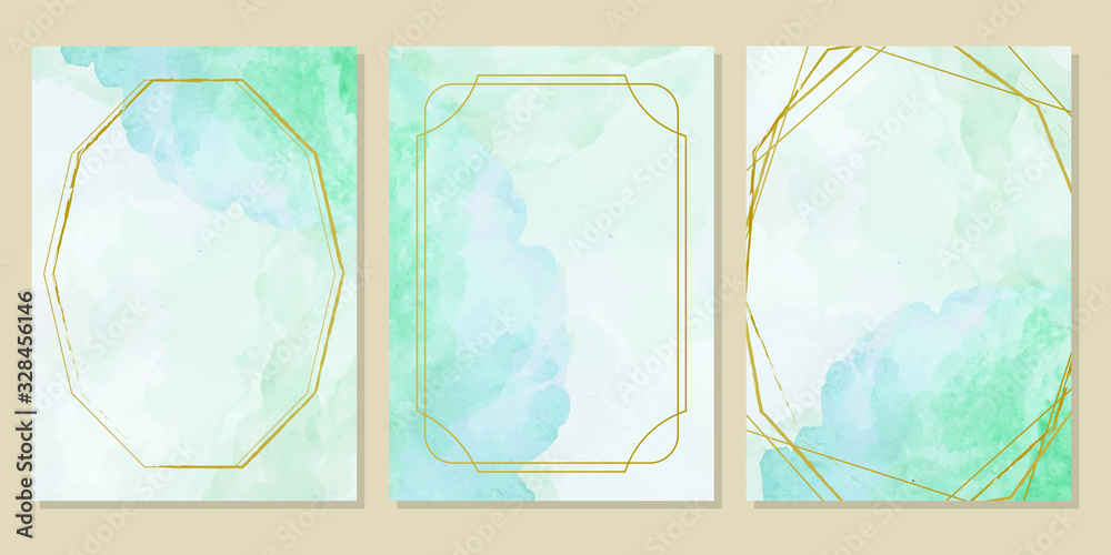 green abstract watercolor texture background with golden frame