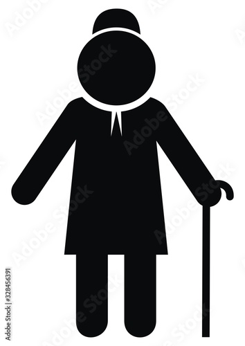 Old woman with stick, black vector illustration	