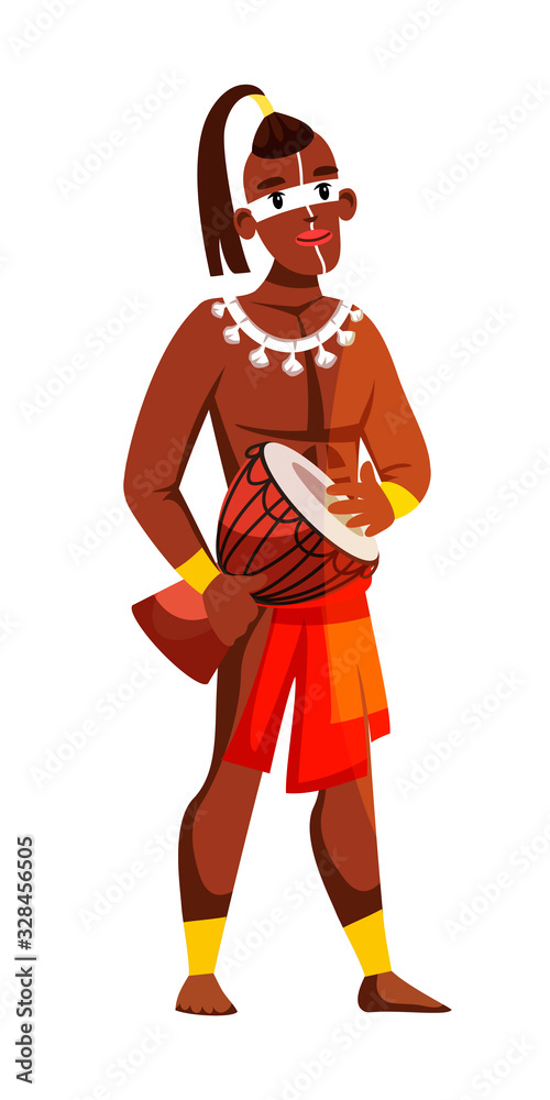 Tribal native man playing music drum isolated on white Tribal native man playing music drum isolated on white
