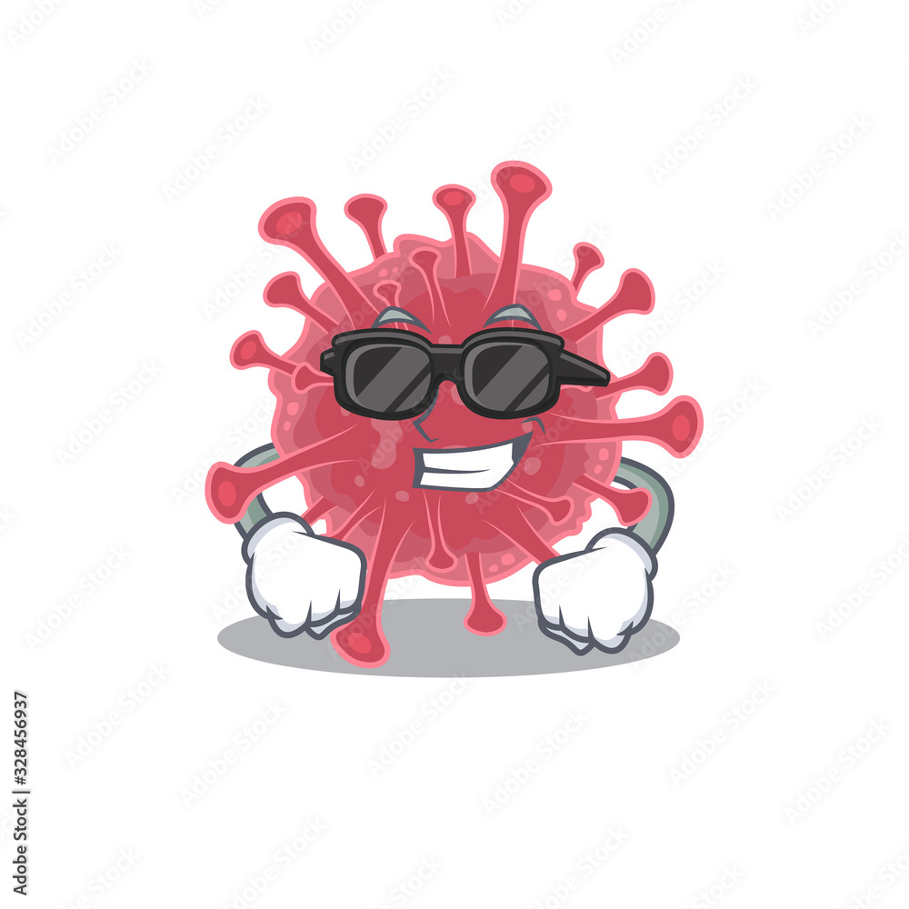 Naklejka premium Super cool coronavirus disease mascot character wearing black glasses