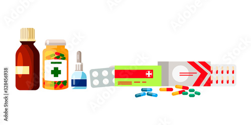 Pharmaceutical syrup, tablets, drops for treatment. Glass and plastic bottles, pills and tablets set. Vector cartoon dosage formulation isolated on white. Healthcare, aid help. Pharmacy and medicine.