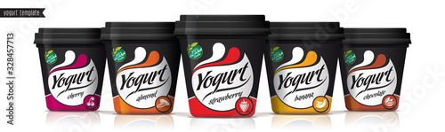 Yogurt vector packaging design. Fruit and nuts yogurt set.