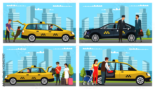 Taxi service for different people scene flat set