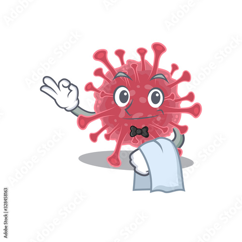 A design of coronavirus disease cartoon character working as waiter