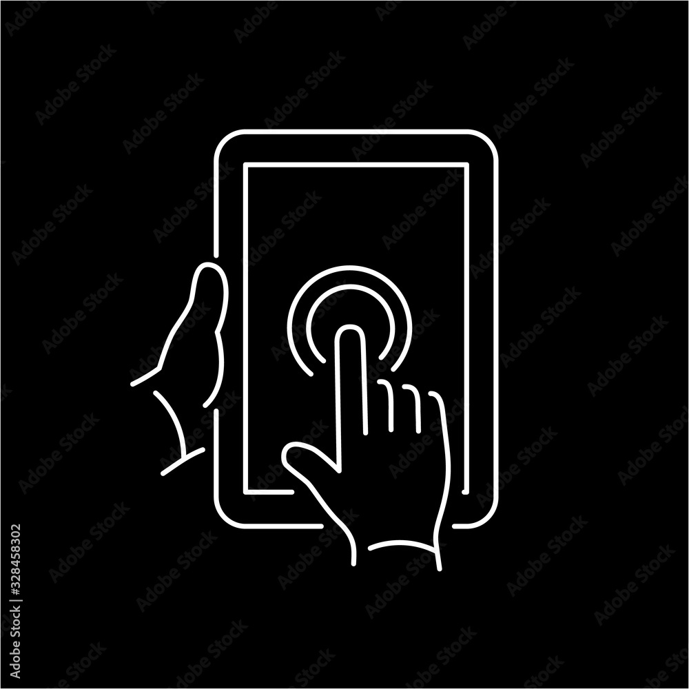 Vector linear tablet icon with one finger double tapping gesture on touch screen | flat design thin line white modern illustration and infographic isolated on black background Vector linear tablet icon with one finger double tapping gesture on touch screen | flat design thin line white modern illustration and infographic isolated on black background