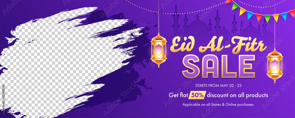 Eid- Al-Fitr Sale Header or Banner Design with Hanging Golden Illuminated Lanterns, Mosque and Space for Product Image on Purple Background.