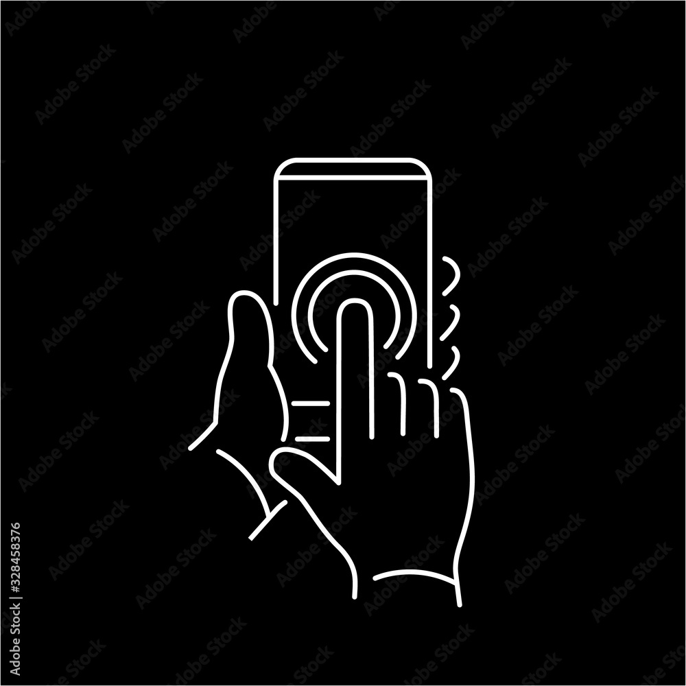 Vector linear phone and technology icons with double tapping on smartphone touchscreen with one finger gesture | flat design thin line modern white illustration and infographic on black background Vector linear phone and technology icons with double tapping on smartphone touchscreen with one finger gesture | flat design thin line modern white illustration and infographic on black background
