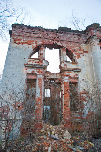 LENINGRAD REGION, RUSSIA: view of the destroyed old buildings on the territory of the Blumentrostov and von Gersdorff estate in Kummolovo photo