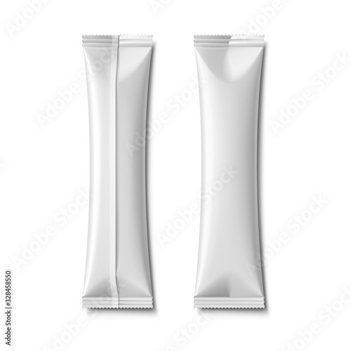 Realistic stick pack for products of the food and cosmetic industry on white background. Vector illustration. Possibility use for granulated, powder products. Coffee, 3 in 1, sugar. EPS10. 