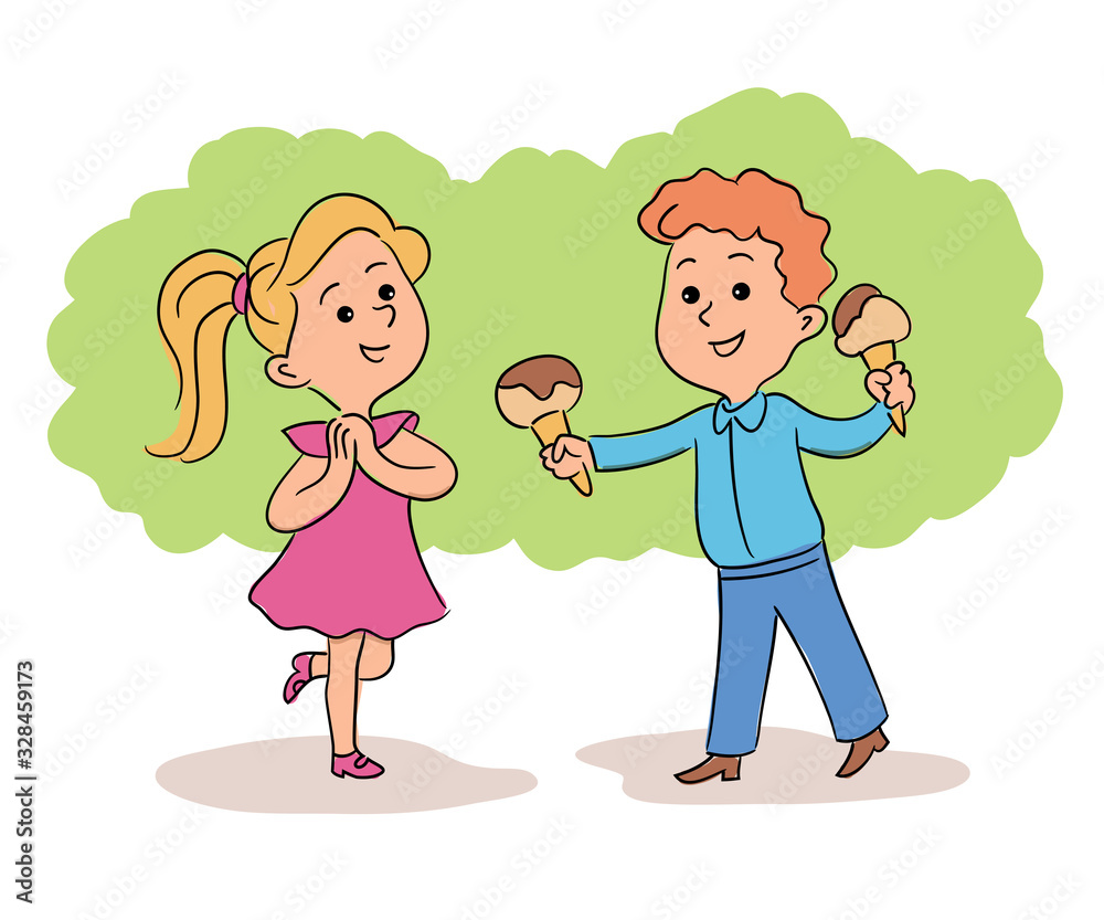 Little boy treating excited girl with ice-cream