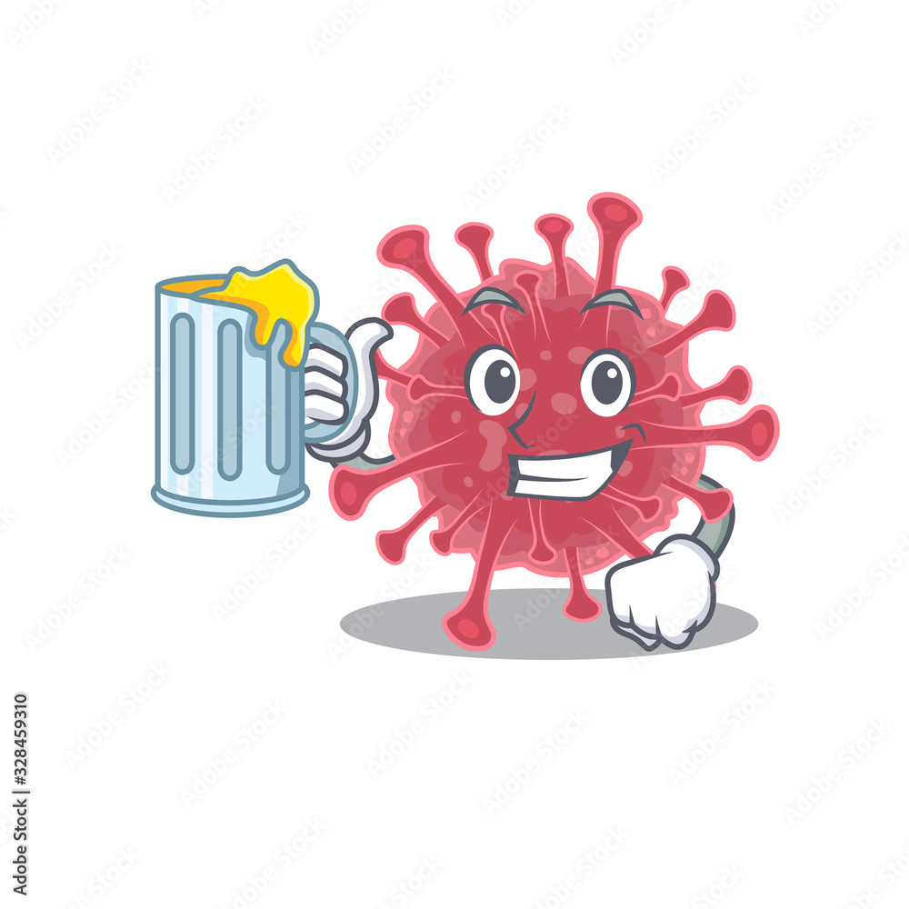 Cheerful coronavirus disease mascot design with a glass of beer Cheerful coronavirus disease mascot design with a glass of beer