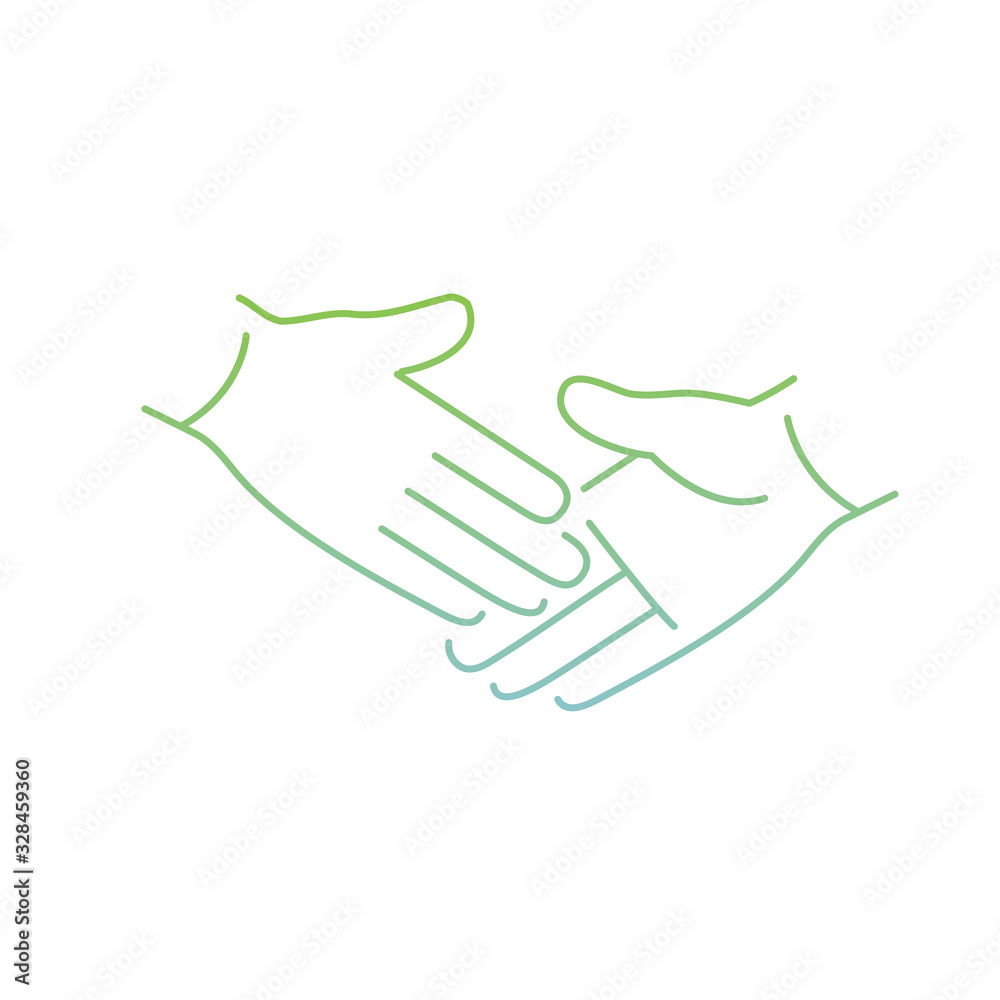 Obraz premium vector modern flat design linear icon of handshake touch gesture | thin line pictogram with green and blue gradient isolated on white background