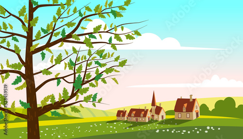 Lovely Countryside landscape farm village farm spring tree green hills fields, nature, bright color blue sky.