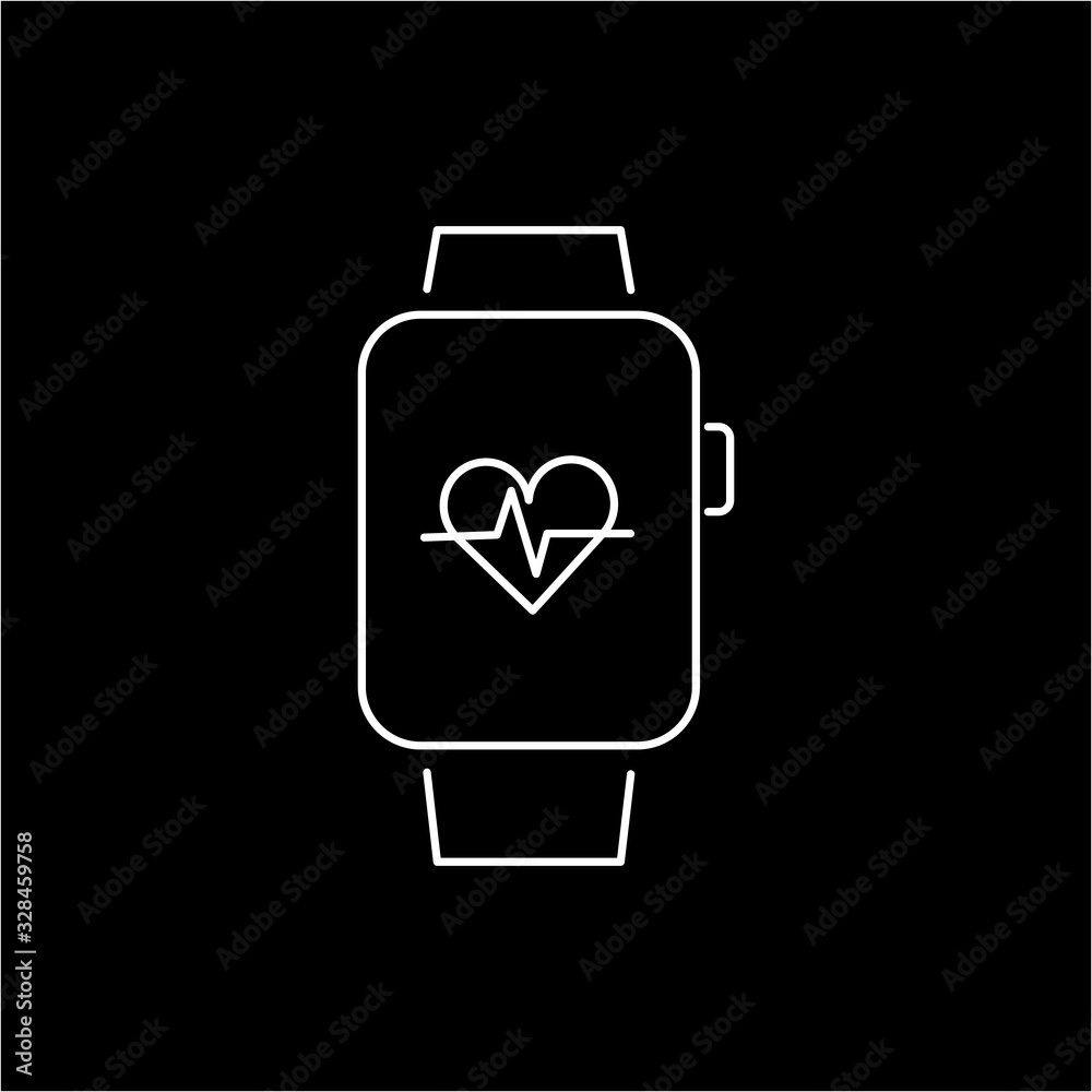 Vector smart watch linear icon with heartbeat on smartwatch screen | flat design thin line white modern illustration and infographic isolated on black background Vector smart watch linear icon with heartbeat on smartwatch screen | flat design thin line white modern illustration and infographic isolated on black background