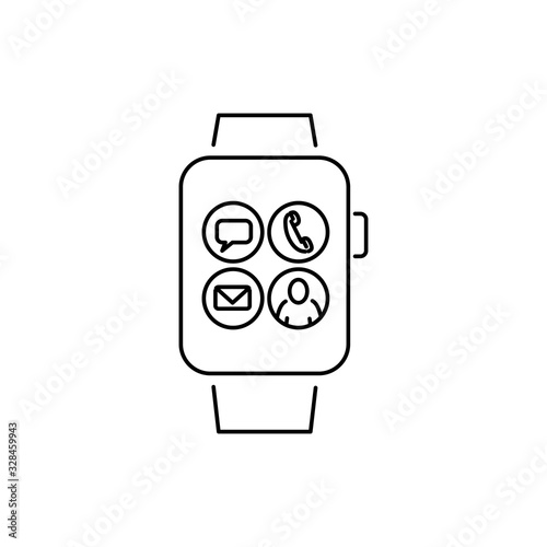 Vector smart watch linear icon with icons on smartwatch display screen | flat design thin line black modern illustration and infographic isolated on white background