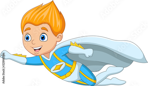 Cartoon superhero boy flying on white background