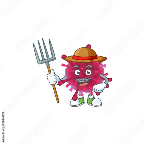 sweet Farmer amoeba coronaviruses cartoon mascot with hat and tools
