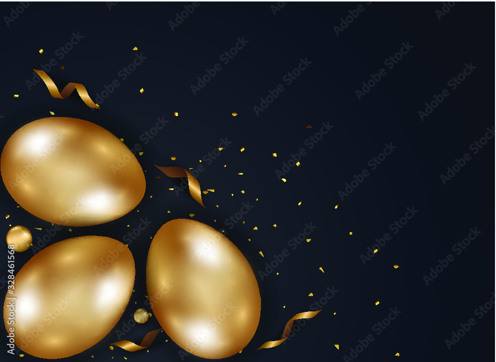 Happy Easter day celebration party. 3D golden egg with realistic golden shine decorated confetti for banner, greeting card, social media advertise. On background abstract