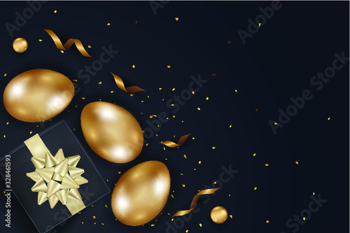 Fototapeta Naklejka Na Ścianę i Meble -  Happy Easter day celebration party. 3D golden egg with realistic golden shine decorated confetti for banner, greeting card, social media advertise. On background abstract