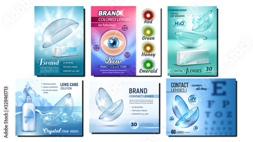 Contact Lenses Advertising Banners Set Vector. Collection Creative Advertise Posters With Lenses Medical Device For Correct Vision, Boxes And Bottles. Concept Template Realistic 3d Illustrations
