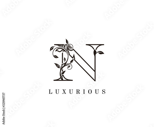 Vintage Letter N Logo. N Letter Design Vector with Black Color and Floral Hand Drawn.