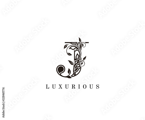 Vintage Letter J Logo. J Letter Design Vector with Black Color and Floral Hand Drawn.