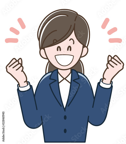 喜ぶスーツの女性